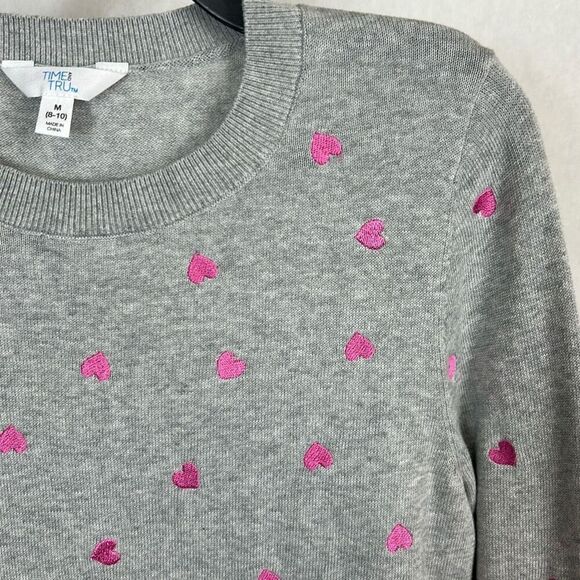 Time & Tru Womens Heart Sweater Sz Medium Gray Pink Embroidered Hearts Crew Neck - Picture 3 of 7